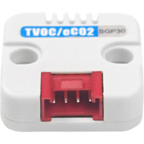 Ein rechteckiger Sensor mit der Beschriftung 'TVOC/eCO2 SGP30', grauem Gehäuse und rotem Anschluss. Er wird zur Messung von Luftqualität verwendet.